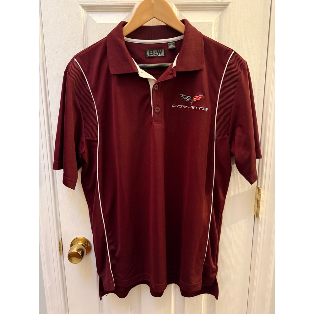 BAW Athletic Wear Corvette Polo Shirt Mens Large Maroon Burgundy C6 Logo Racing